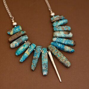 18 inch, Vintage Colorful Abstract Stones Metal Bib Necklace - U29